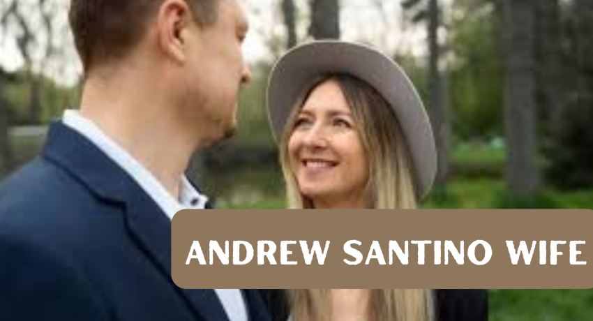 Andrew Santino smiling at his wife who is wearing a hat